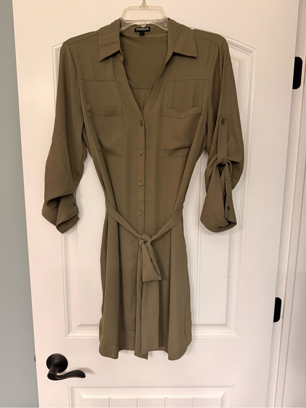 Express Olive Utility Shirt Dress with Tie Waist